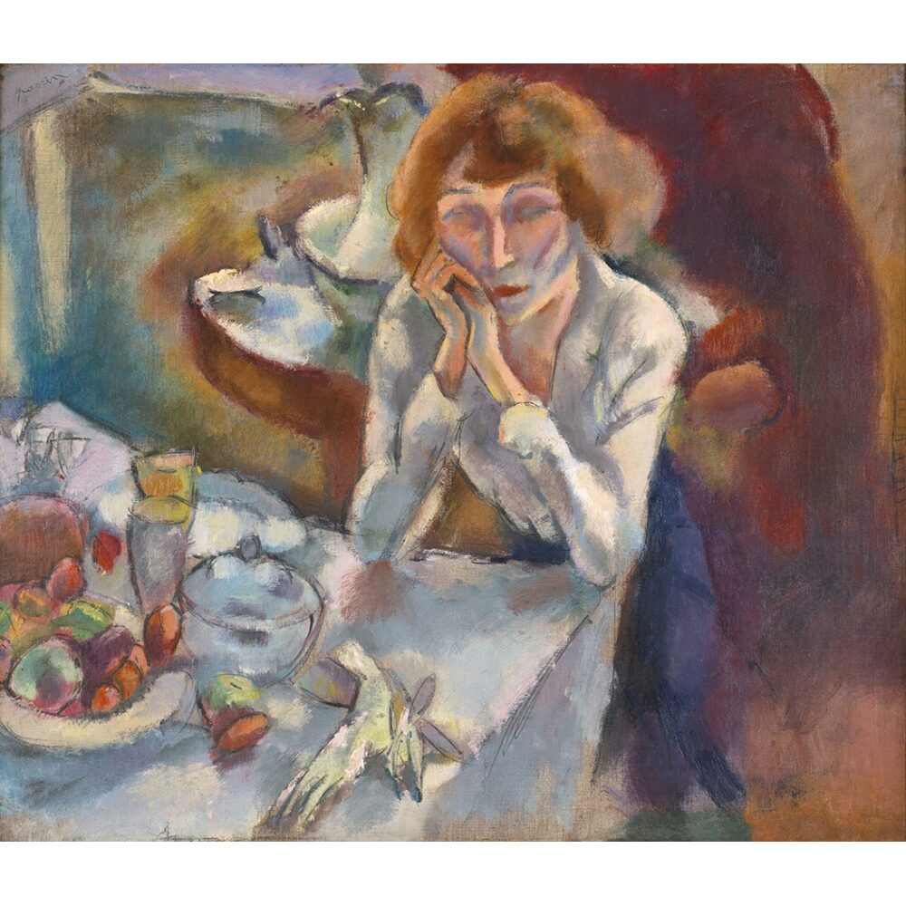 Painting of a woman seated at a table with a contemplative expression, gloves on the table before her next to a bowl of fruit and a glass of orange drink.