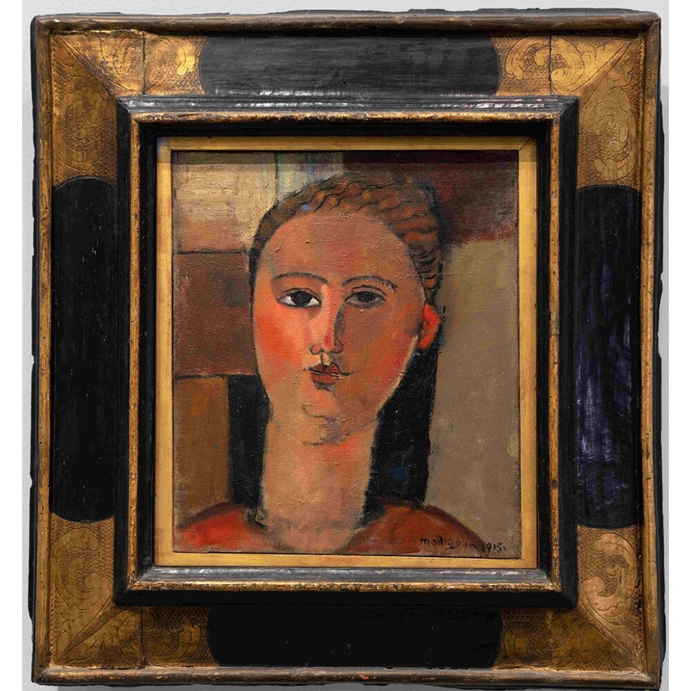 Portrait painting featuring an elongated face with almond-shaped eyes and a decorative frame.