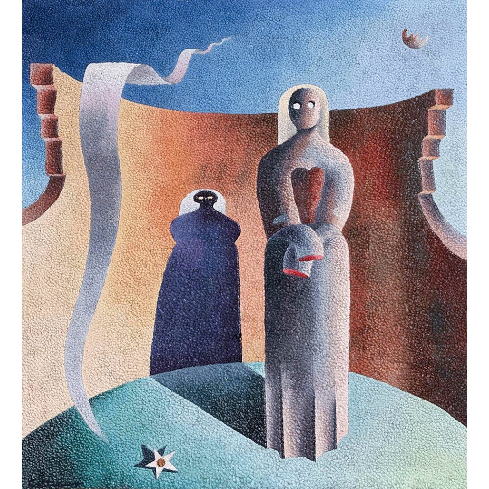 Surreal painting featuring abstract human-like figures and and flowing ribbon shape against a brown architectural background, rendered with dotted textured brushstrokes.