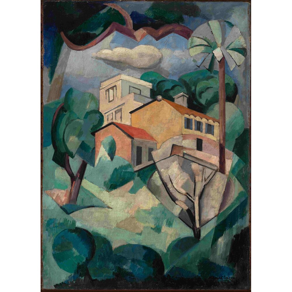 A Cubist-style painting of a house amidst abstract trees and a large palm tree.