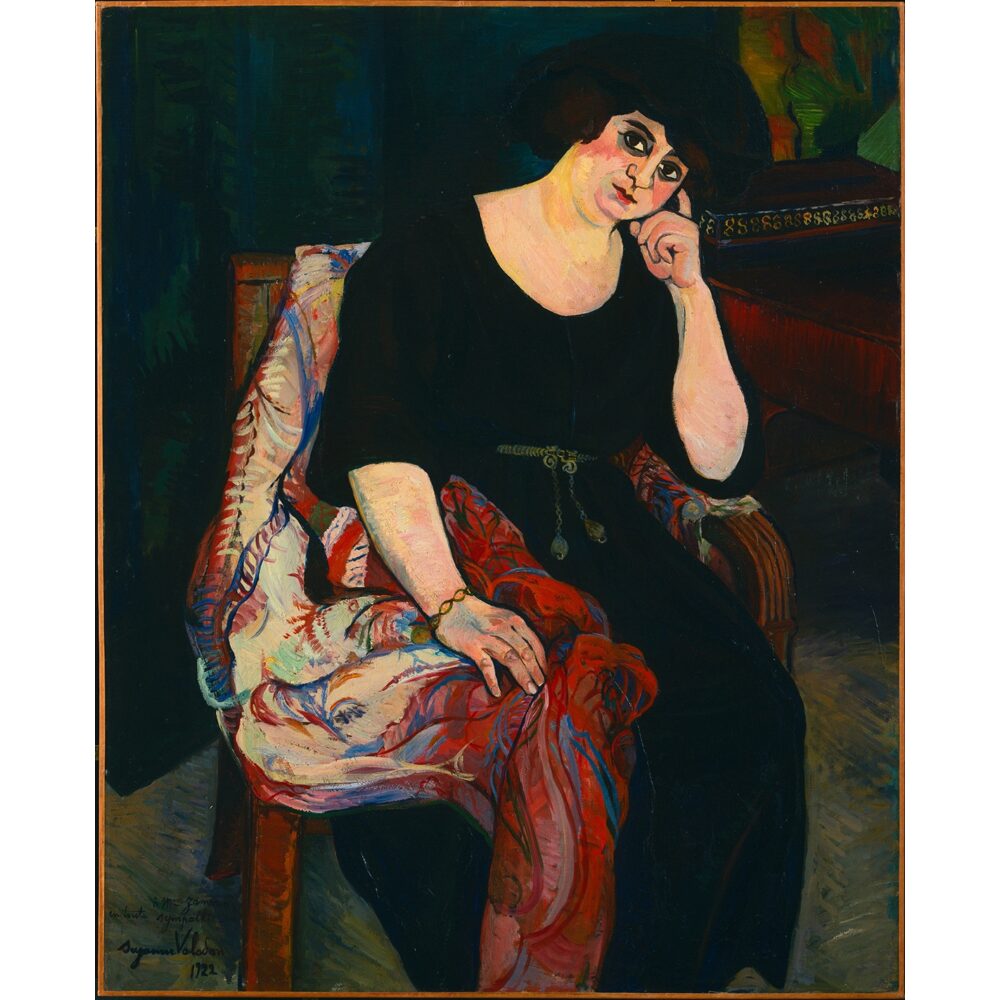 Painting of a woman in a black dress and hat sitting thoughtfully with a patterned fabric draped over her chair.