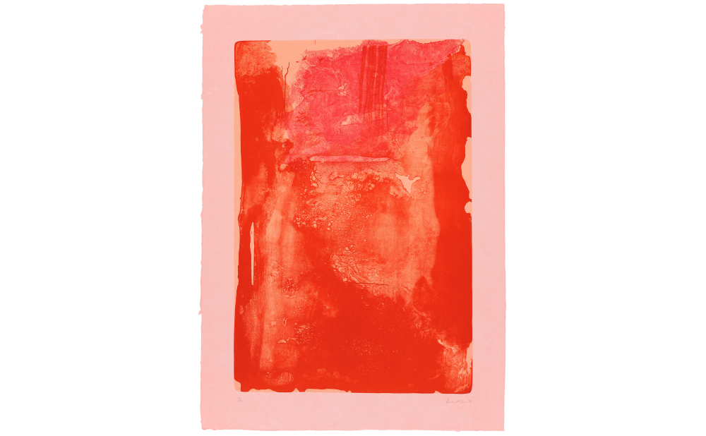 Abstract artwork with a central vivid red rectangle surrounded by a pale pink border, featuring textured patterns. Alt-text generated by AI.