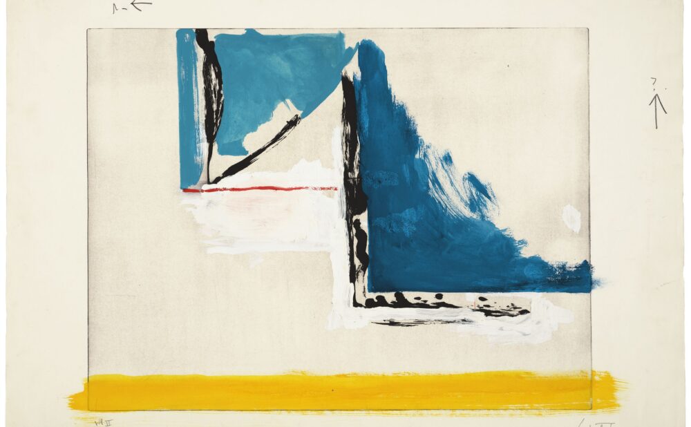 Abstract print with blue, white, and yellow brushstrokes on a beige background. Alt-text generated by AI.