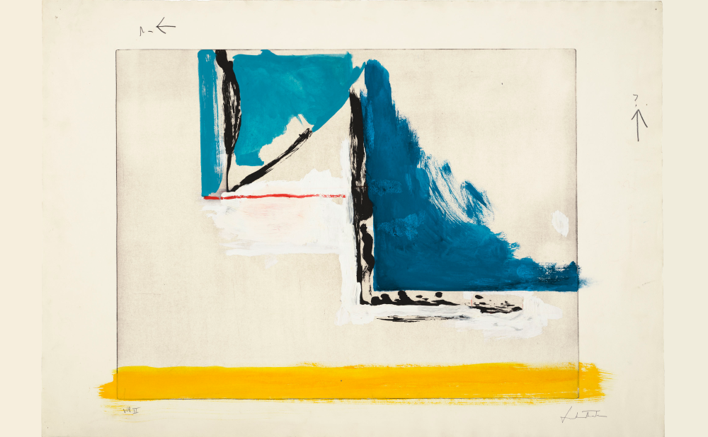 Abstract print with blue, white, and yellow brushstrokes on a beige background. Alt-text generated by AI.