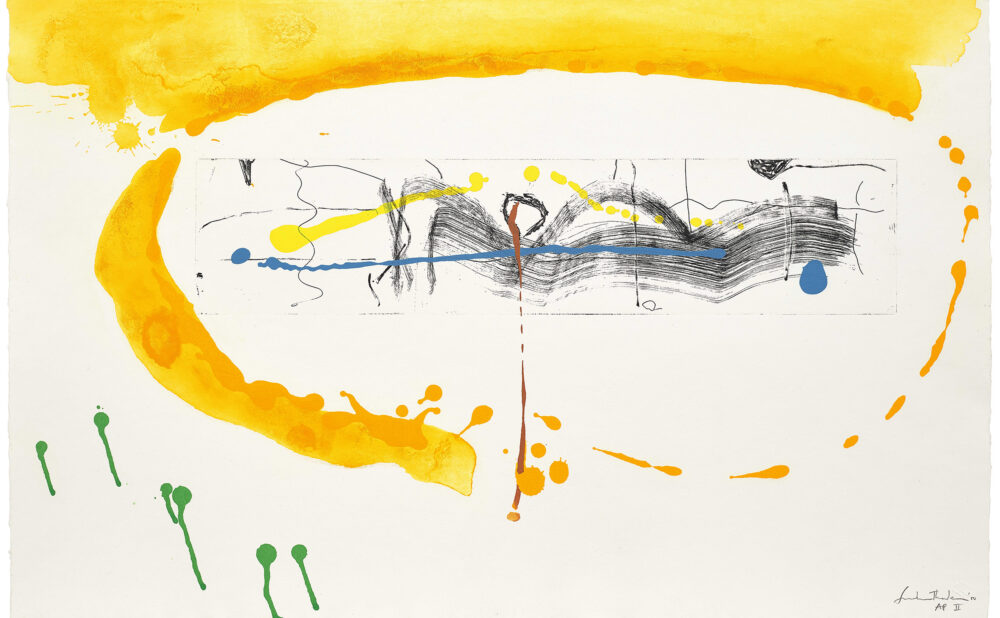 Abstract artwork featuring a yellow circular brushstroke surrounding a rectangular section with black lines, blue and yellow accents, and green drops below.