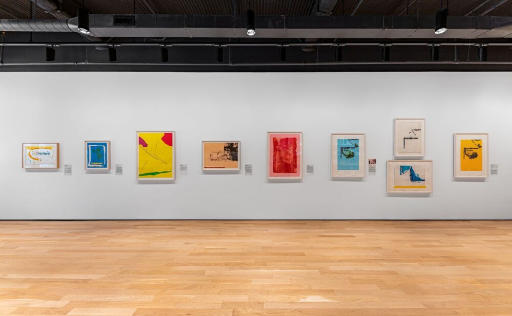 Gallery wall displaying nine framed colorful abstract prints above a light wood floor. Alt text generated by AI.