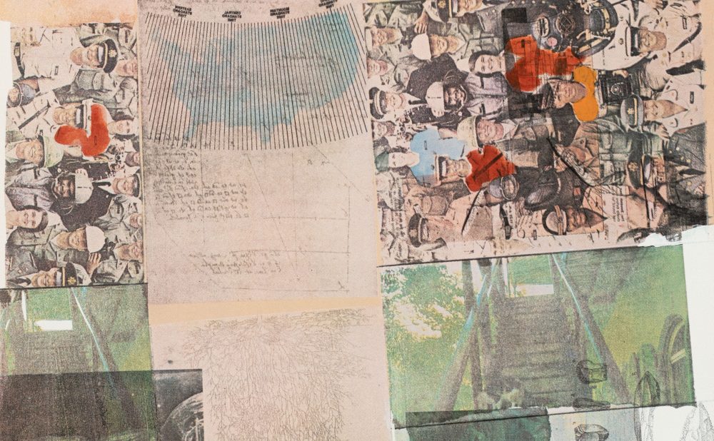A print showing a collage of technical sketches, photographs, and natural scenes with orange and blue accents.