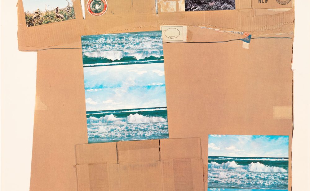 A print that reproduces flattened cardboard shipping boxes and postcards showing ocean views and brown pelicans, with some collaged postcards atop the print