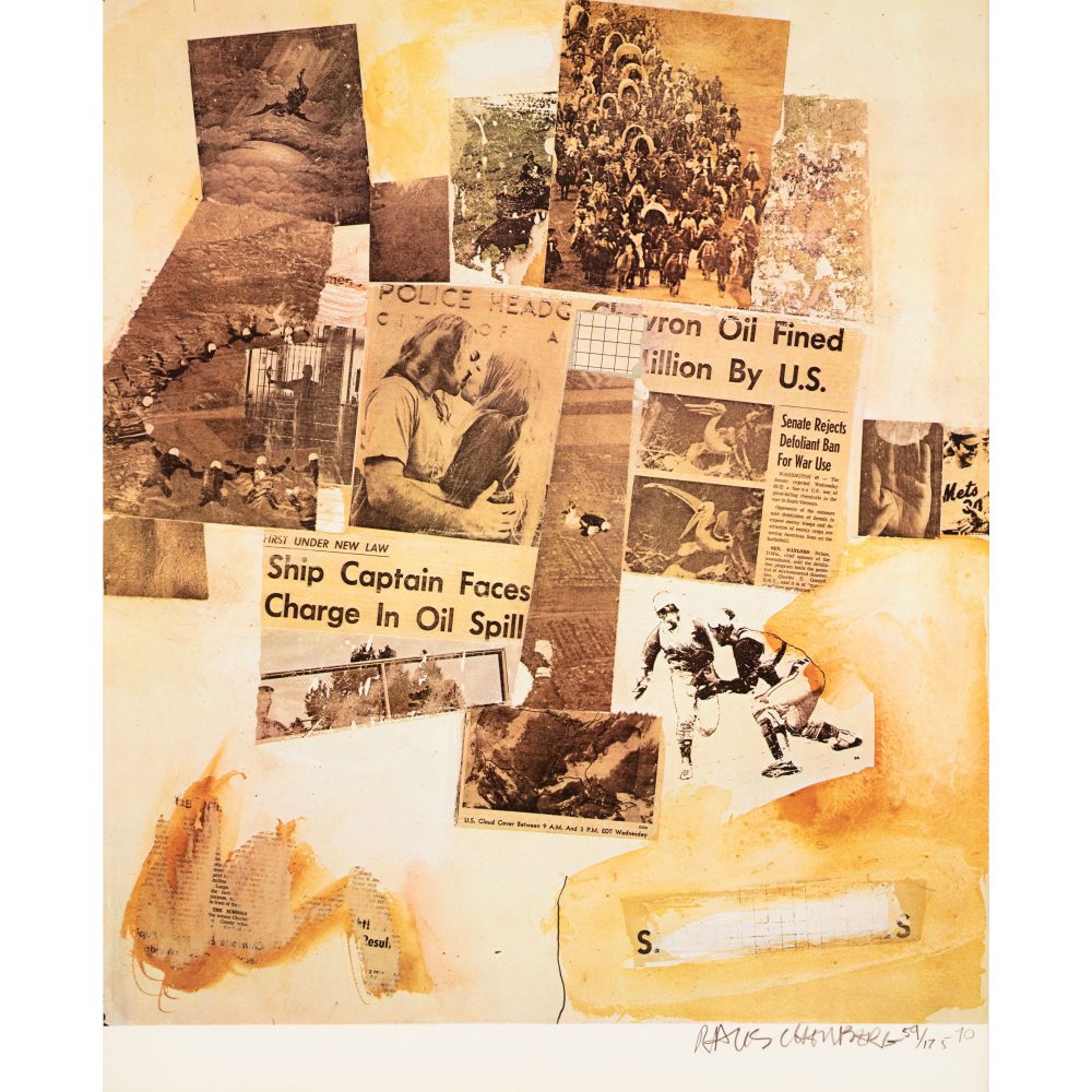 A print showing a collage of newspaper clippings and photographs featuring environmental and other themes.