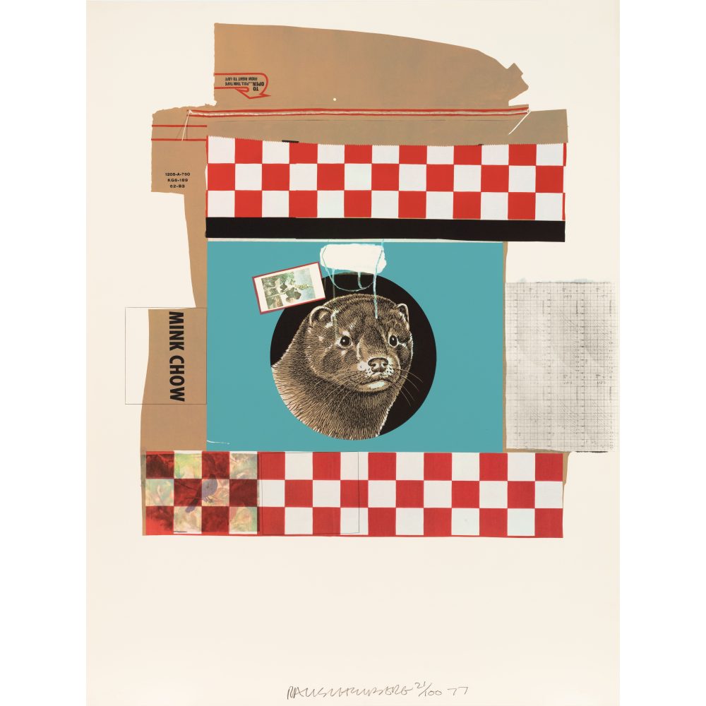 A print featuring a mink face, a red and white checkered pattern, and layered textures from consumer packaging.