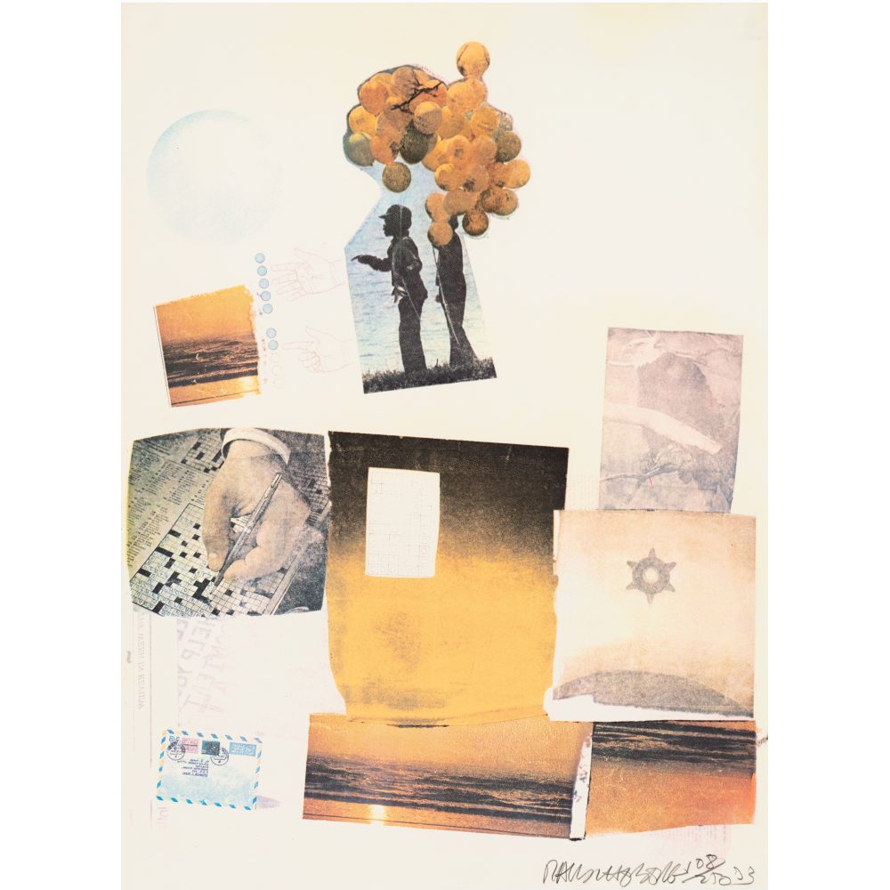 A print reproducing images of figures in silhouette, balloons, a crossword puzzle, landscapes, and various textures.