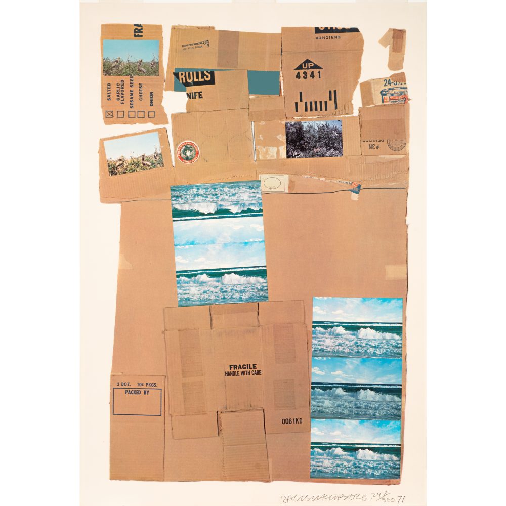 A print that reproduces flattened cardboard shipping boxes and postcards showing ocean views and brown pelicans, with some collaged postcards atop the print