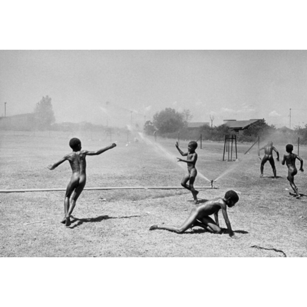 Outdoor photograph of young children playing in water sprays from sprinklers across an open field. (Alt-text generated by AI)