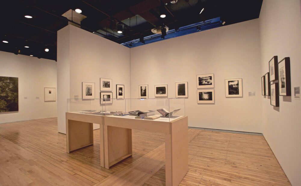 Open gallery view with central wooden vitrines surrounded by white walls mounted with framed photographic series. (Alt-text generated by AI)
