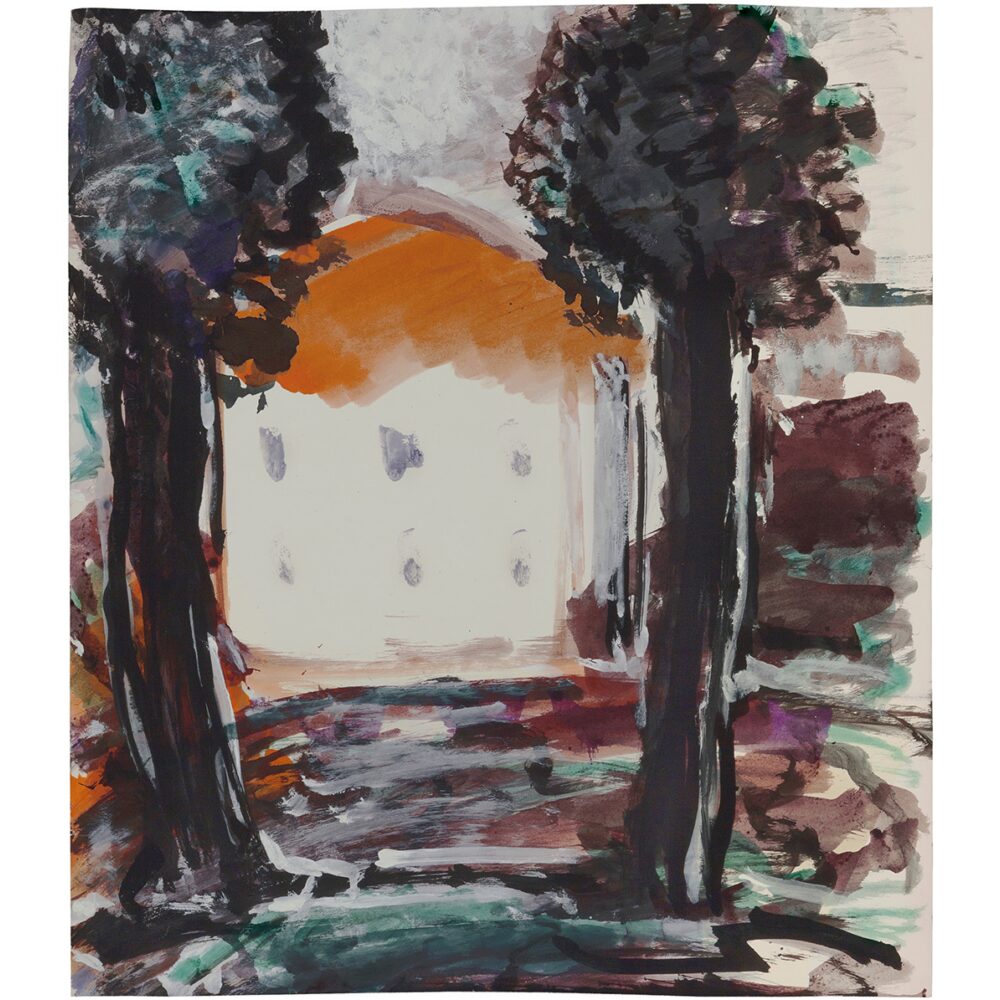 Expressionist landscape depicting two dark trees framing a view of a white building with an orange sun rising behind it. (Alt-text generated by AI)