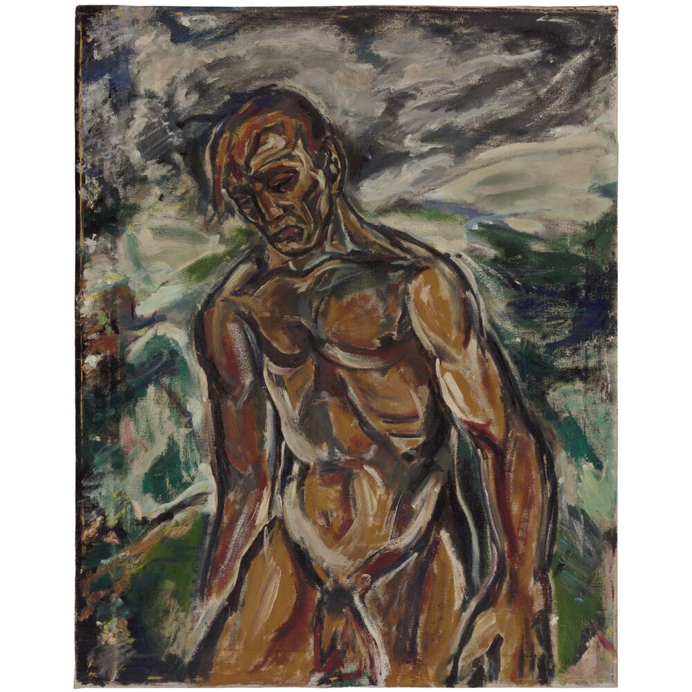 Full-length figurative painting of a muscular male nude standing against a swirling, muted background. (Alt-text generated by AI)