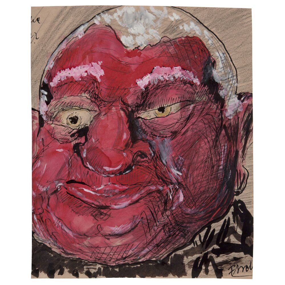 Close-up expressionist portrait of a male face painted with vibrant red skin and prominent features. (Alt-text generated by AI)