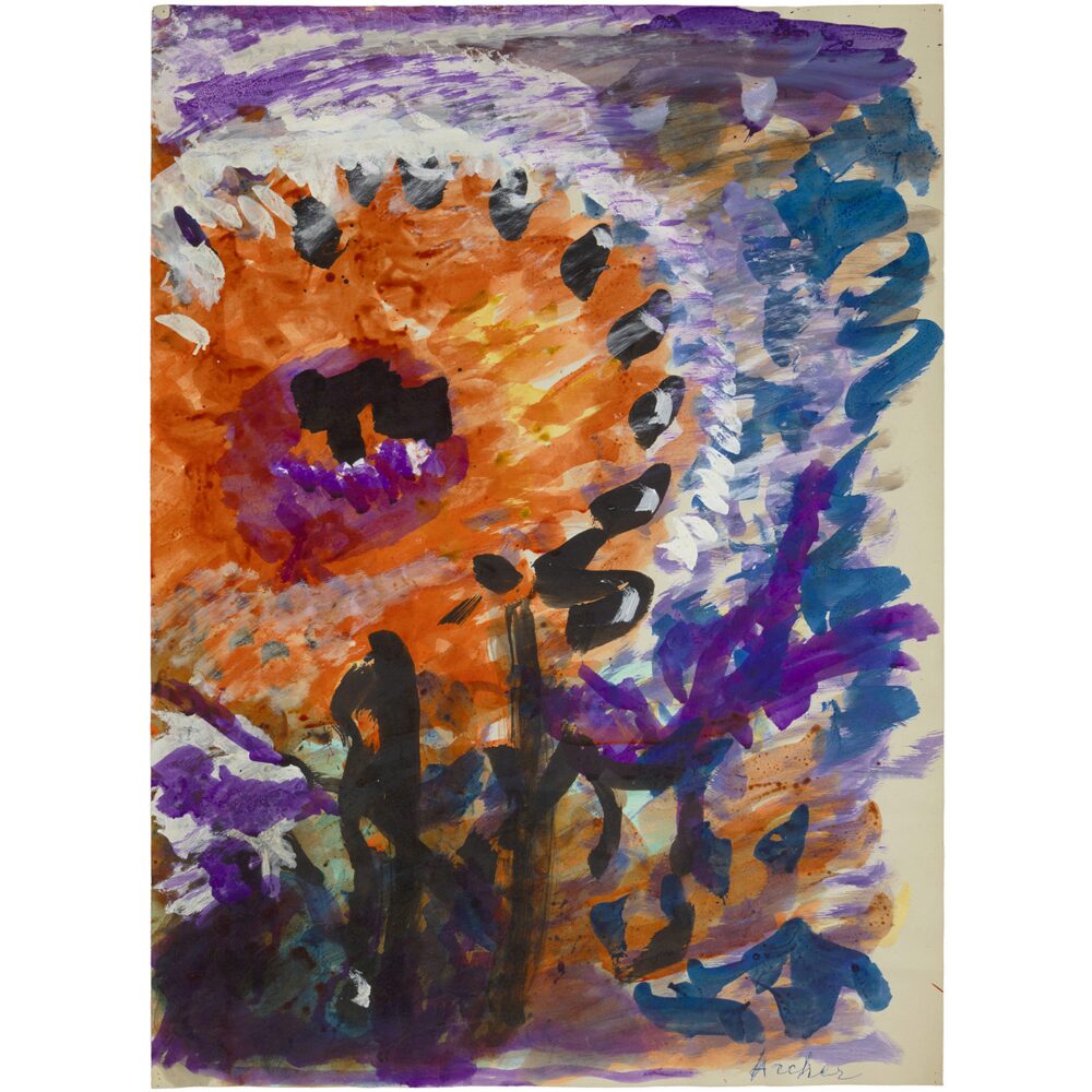 Abstract expressionist artwork featuring a bold, central orange and yellow sunflower head surrounded by blue and purple brushstrokes. (Alt-text generated by AI)