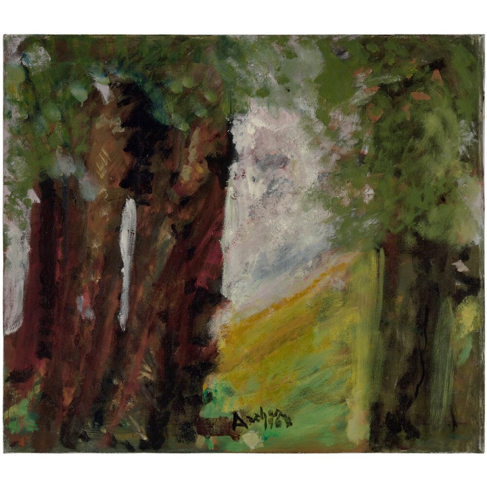 Expressive landscape painting showing dark tree trunks on the left overlooking a grassy, green and yellow hillside. (Alt-text generated by AI)