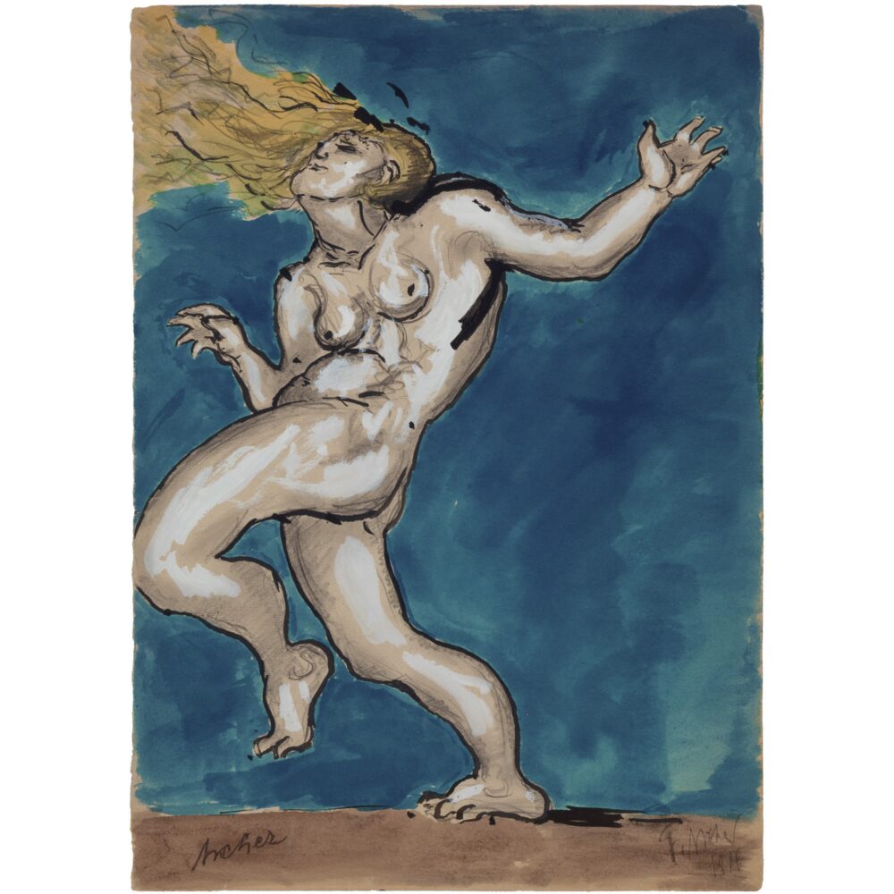 Full-body painting of a dancing female nude figure set against a vivid blue background. (Alt-text generated by AI)