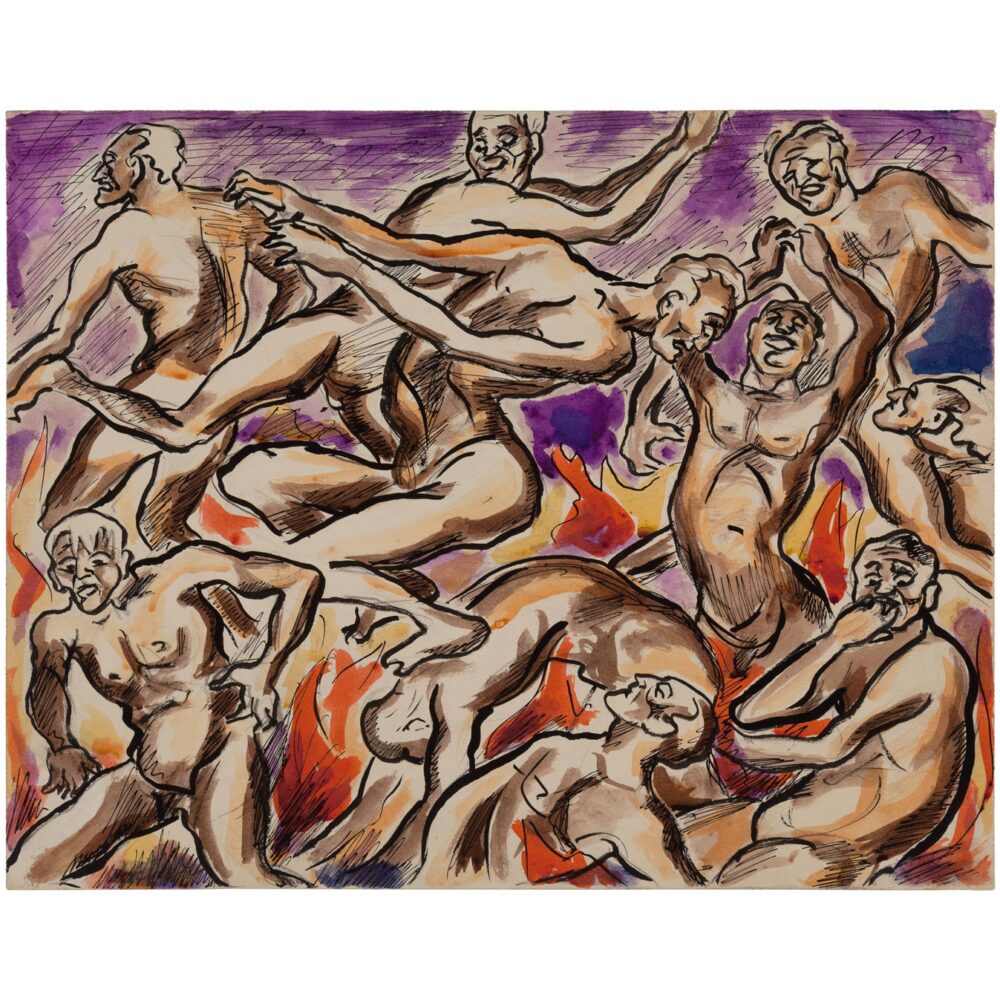 Dynamic composition showing multiple entwined nude figures amidst fiery orange and purple tones. (Alt-text generated by AI)