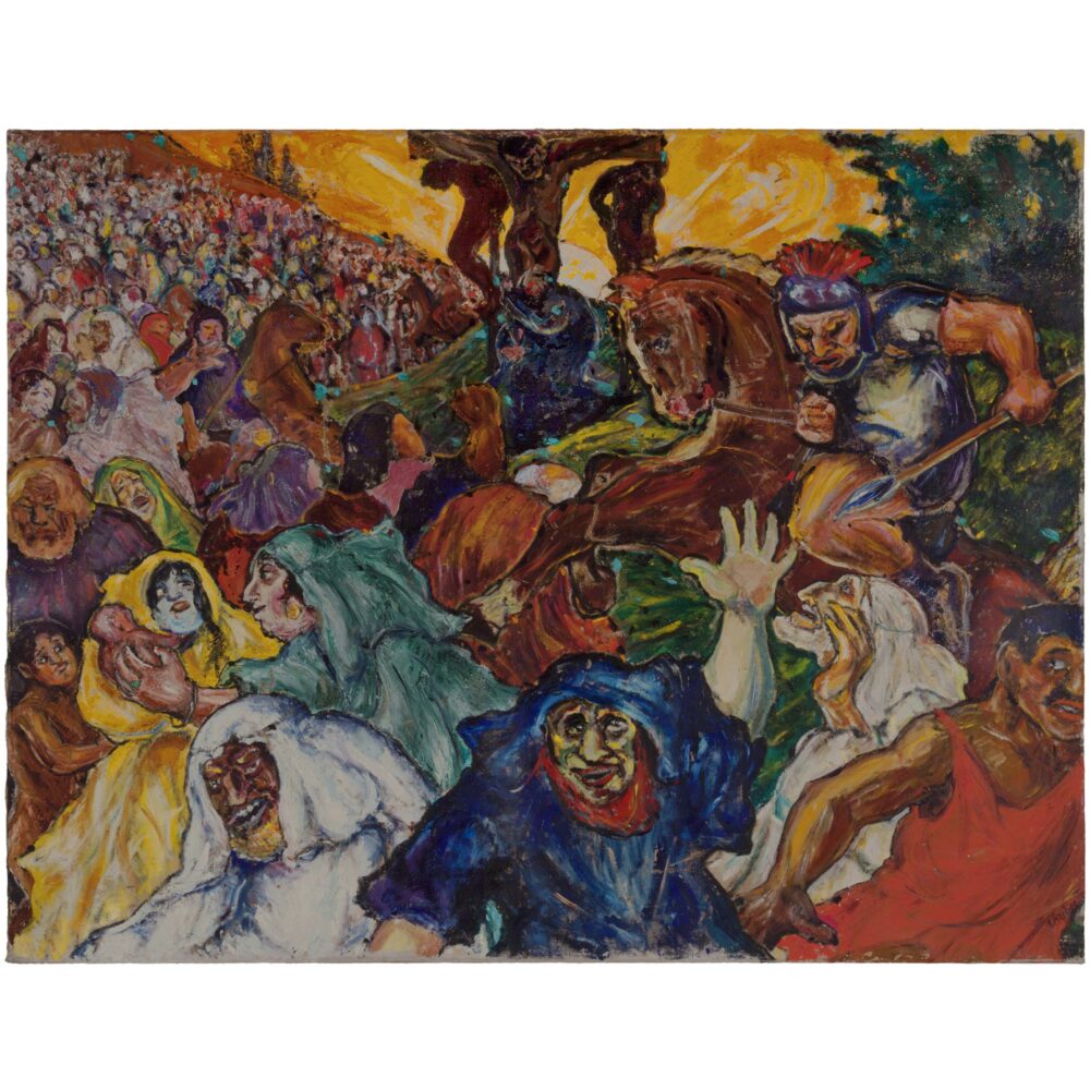 Crowded, colorful expressionist painting depicting a dense group of figures in dramatic poses. (Alt-text generated by AI)