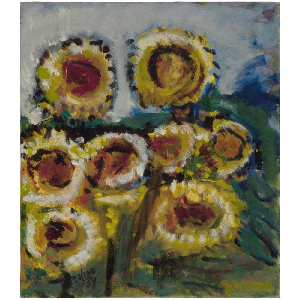 Vibrant painting of yellow sunflowers with dark centers clustered against a soft blue background. (Alt-text generated by AI)