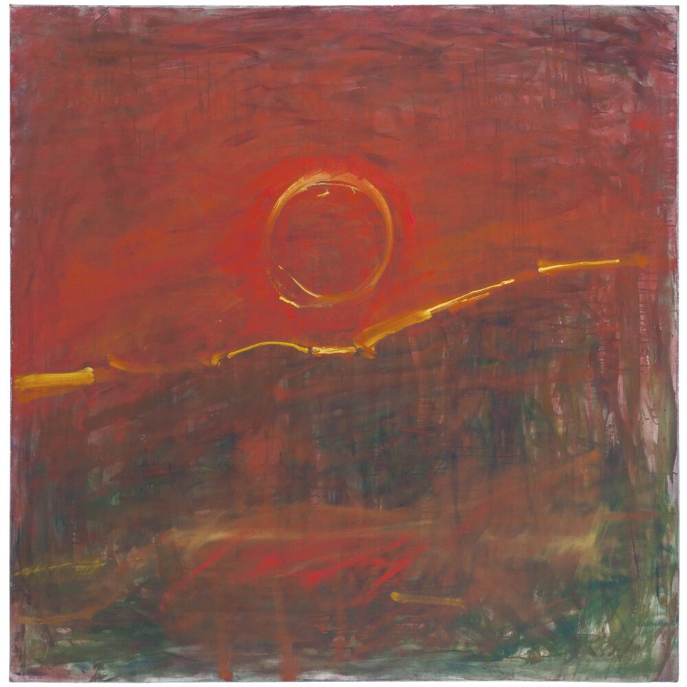 Abstract expressionist landscape featuring a bright red sun setting over glowing orange hills. (Alt-text generated by AI)
