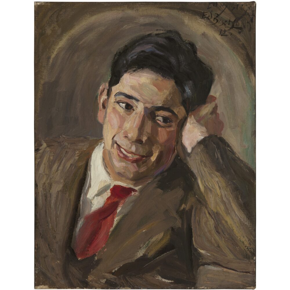 Classic painted portrait of a young man in a brown suit coat resting his head on his hand. (Alt-text generated by AI)