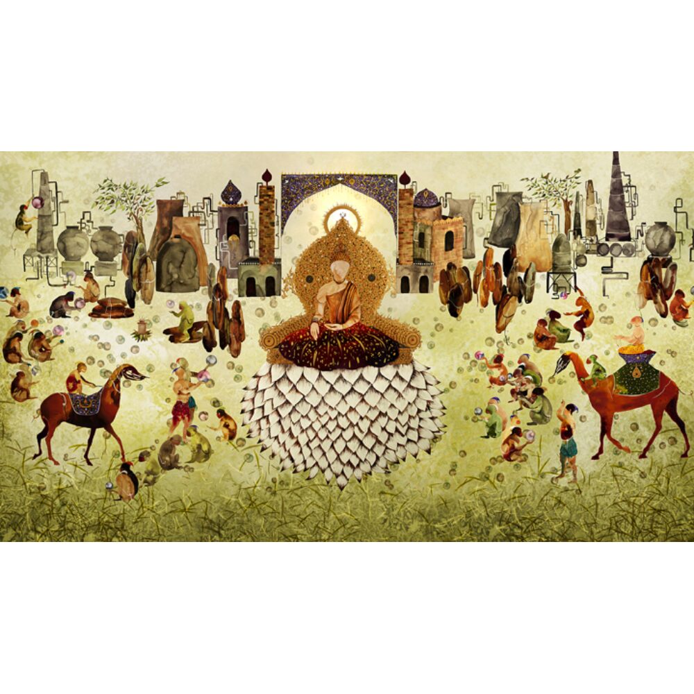 Shot from a digital video inspired by Persian miniature painting, depicting figures and camels gathered in a landscape around a central lotus-throne structure, by Shiva Ahmadi. (Alt-text generated by AI)
