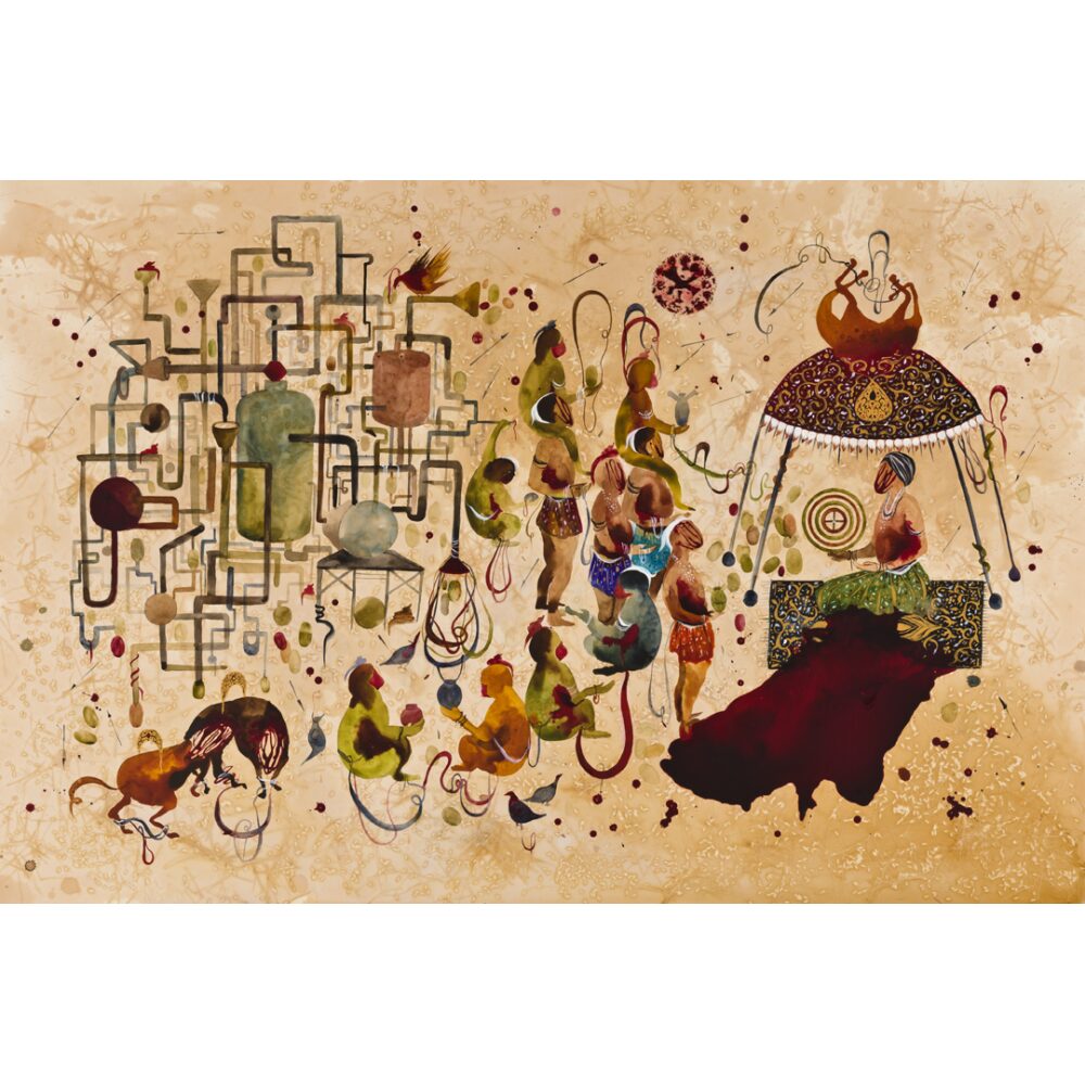 Intricate illustration by Shiva Ahmadi depicting interconnected pipes, figures, and abstract symbols on a warm background. (Alt-text generated by AI)