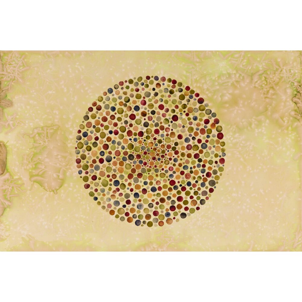 Circular composition filled with dense, colorful patterned dots on a textured beige backdrop by Shiva Ahmadi. (Alt-text generated by AI)