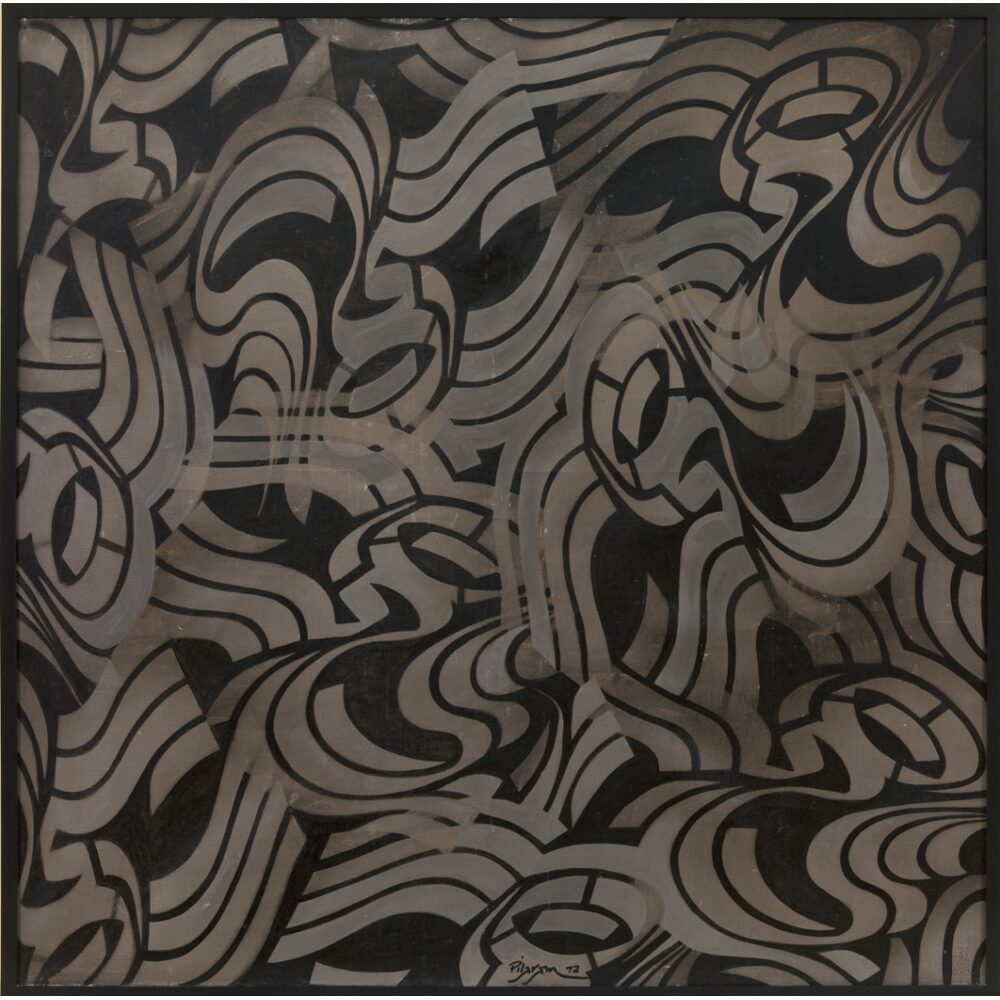 Graphic calligraphic painting featuring overlapping, sweeping black calligraphic strokes across a patterned background by Faramarz Pilaram. (Alt-text generated by AI)