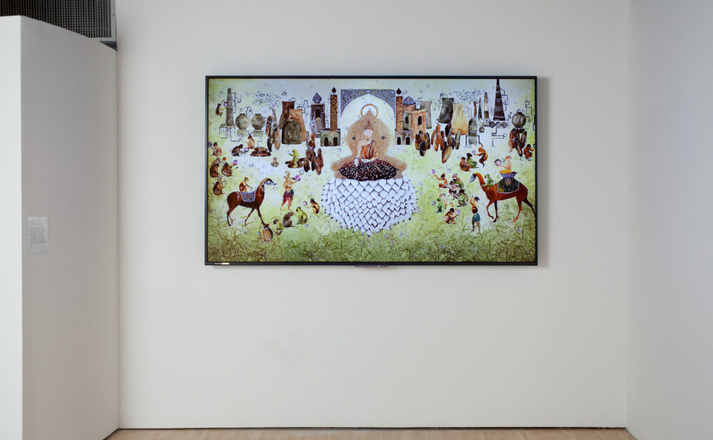 Centered view of a brightly colored, wide horizontal painting mounted on a white gallery wall alcove. (Alt-text generated by AI)