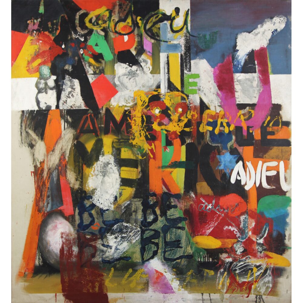 Abstract expressionist canvas filled with energetic brushstrokes, stenciled lettering, and vivid primary colors. (Alt-text generated by AI)