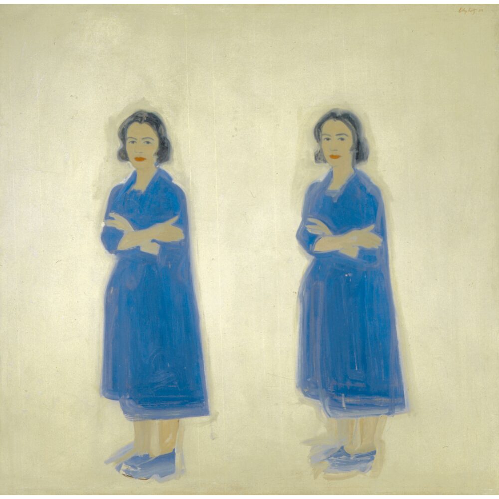 Alex Katz portrait painting depicting double figures of his wife, Ada, wearing matching blue dresses on a neutral background. (Alt-text generated by AI)
