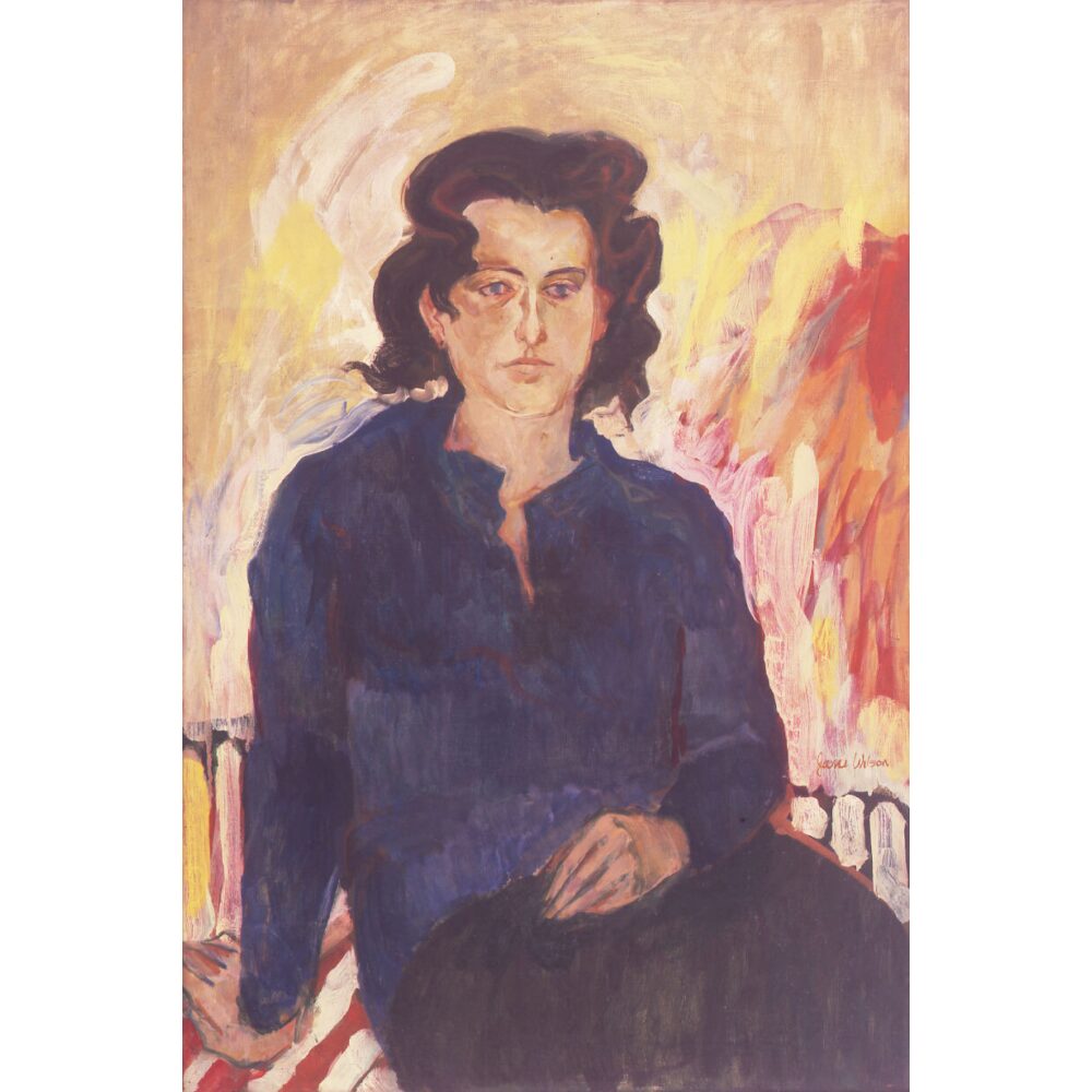 Expressive portrait painting of Jane Freilicher seated in a blue shirt against a warm pink and yellow backdrop. (Alt-text generated by AI)