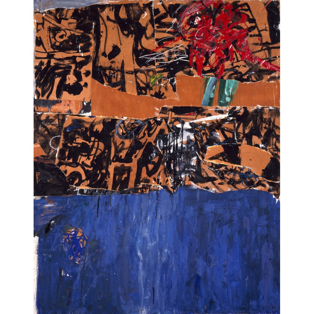 Allan Kaprow  work featuring an energetic, textured upper section above a solid blue lower panel. (Alt-text generated by AI)