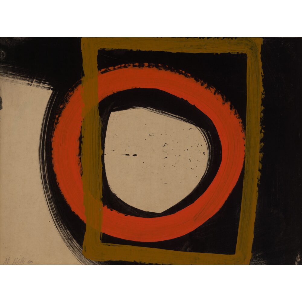 Abstract Al Held painting featuring bold geometric shapes with an orange circular form framed by yellow and black lines. (Alt-text generated by AI)