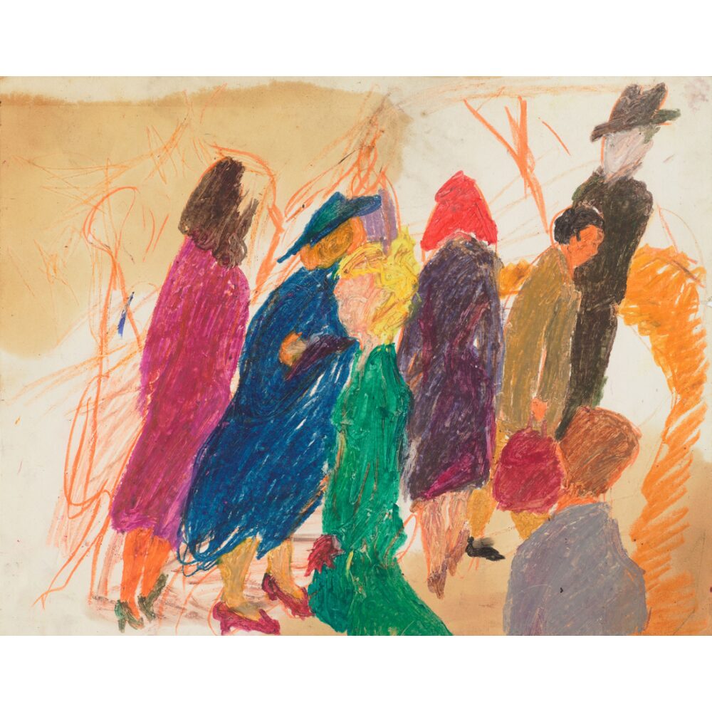 Colorful expressionist watercolor illustration depicting stylized figures walking along a street. (Alt-text generated by AI)