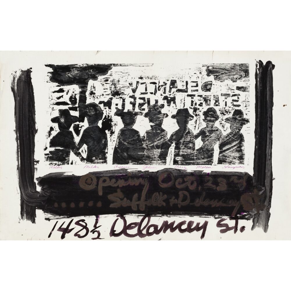 High-contrast artwork featuring stylized silhouettes of figures below dense text and a street address. (Alt-text generated by AI)