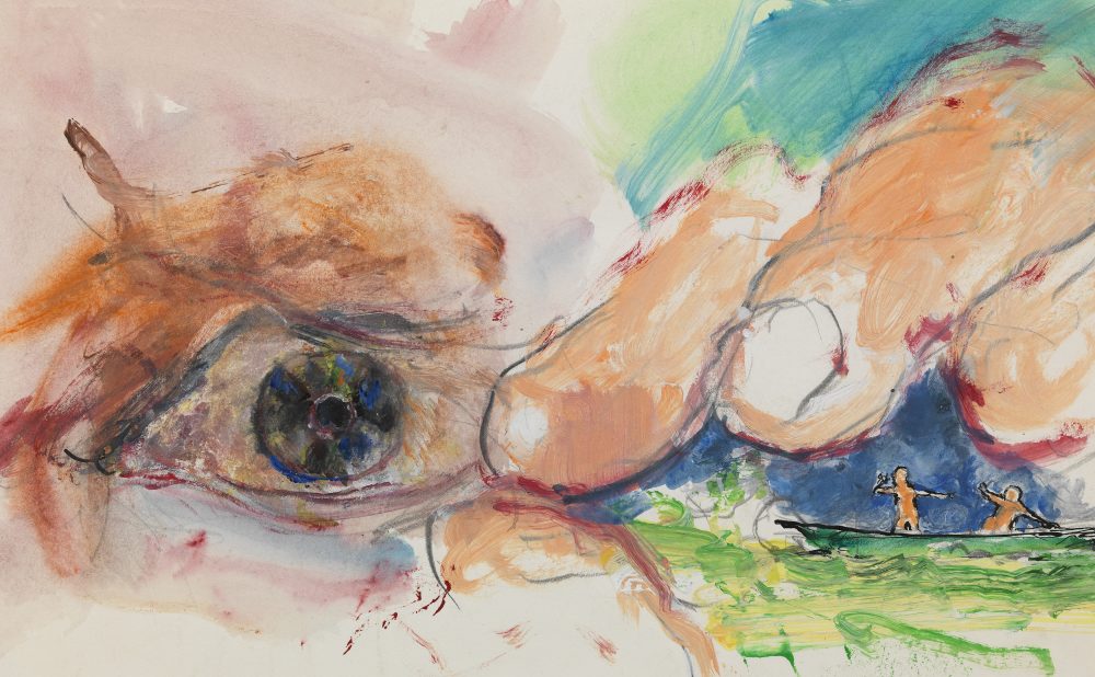 Detail of a colorful abstract painting that features an eye and fingers, with a small figural scene in the middleground