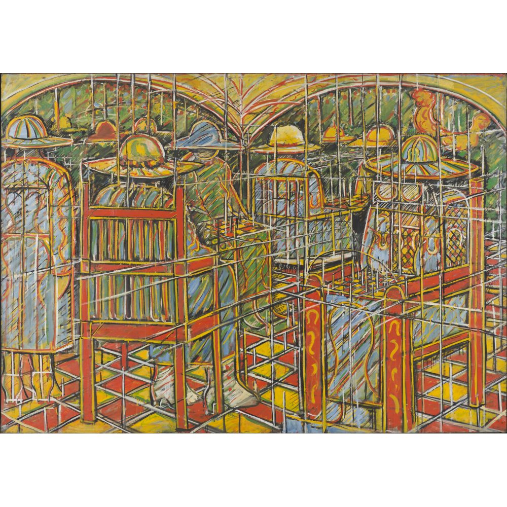 Abstract painting with chairs, figures in hats, and a colorful, grid-like composition.