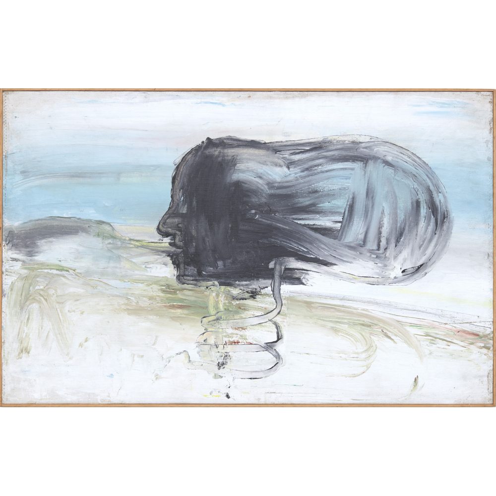 Abstract painting of a dark, elongated head with swirling textures against a pale background