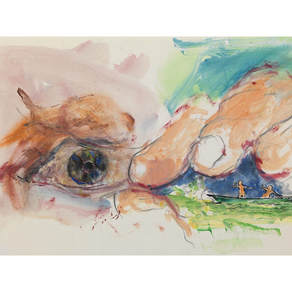 Detail of a colorful abstract painting that features an eye and fingers, with a small figural scene in the middleground