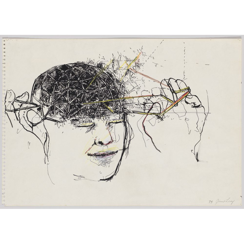 A drawing of a face with a geodesic dome on the head and hands holding it, with colorful lines extending outward.