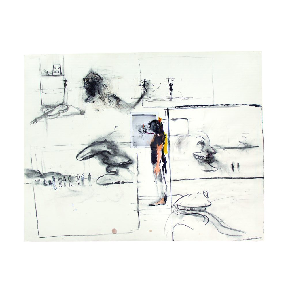 Abstract collaged artwork featuring figures, a prominent standing person, and a laughing face in a sketchy style on a white background.