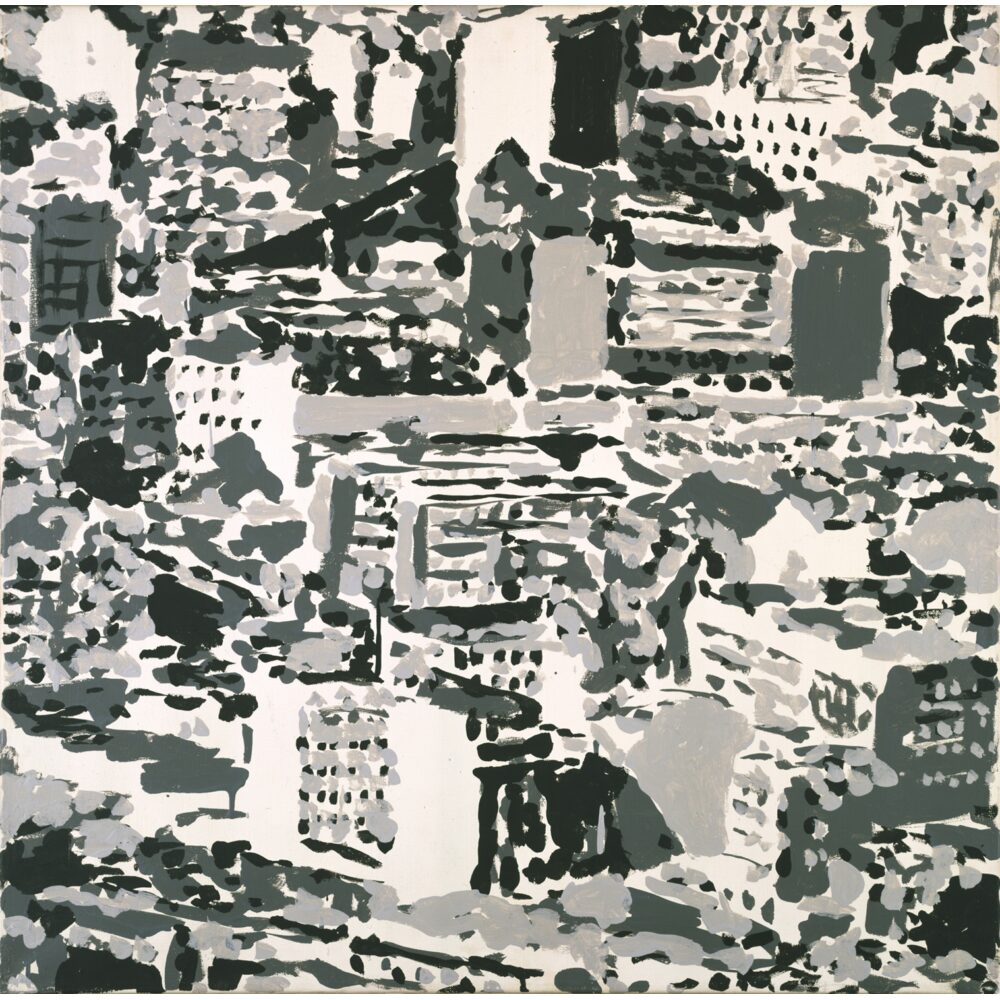 High-contrast aerial view painting of a densely packed urban landscape. (Alt-text generated by AI