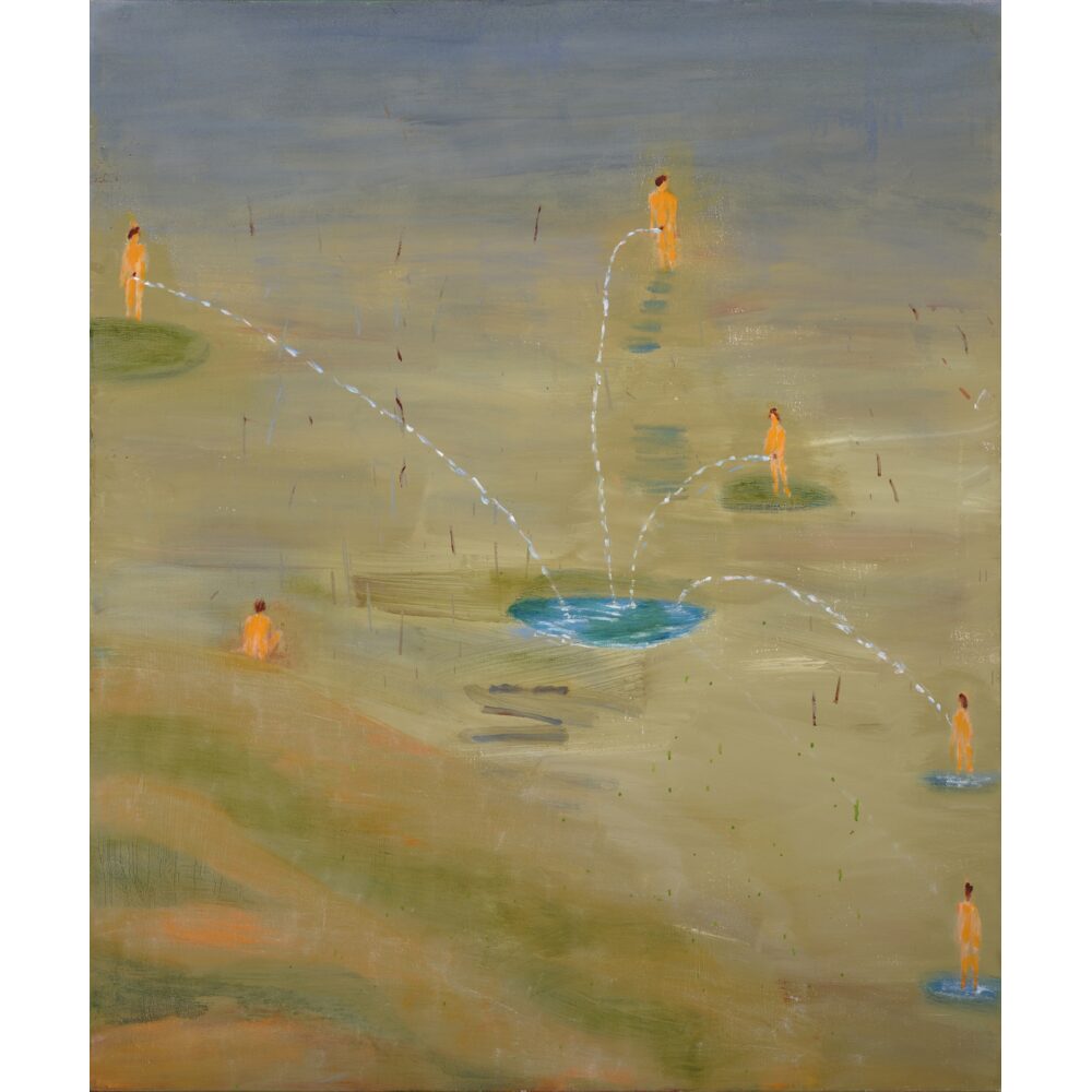 Soft-focus abstract painting in muted tones featuring figures surrounding a small lake that they appear to be urinating into. (Alt-text generated by AI)