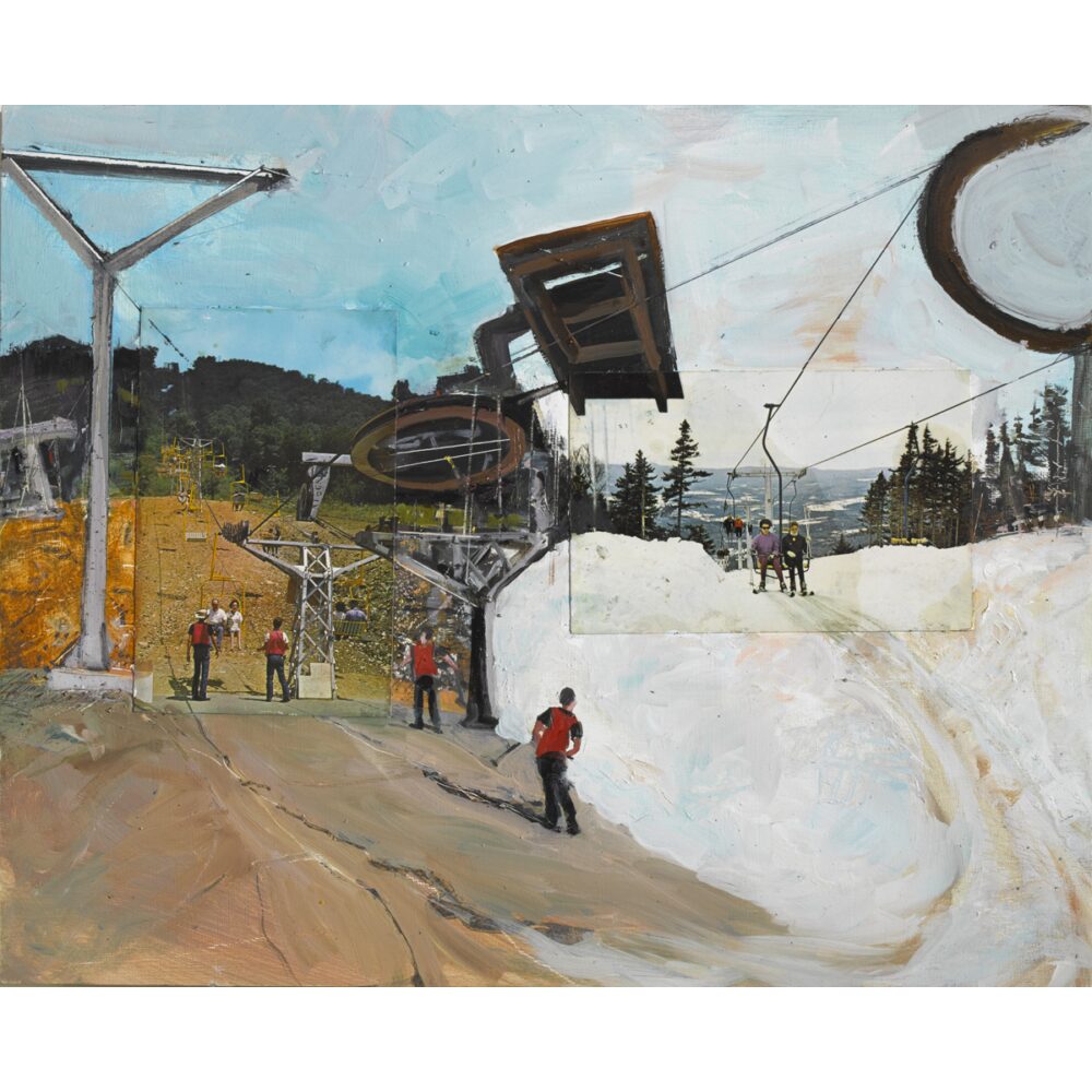 Artwork depicting a snowy ski slope scene with chairlifts and distant figures. (Alt-text generated by AI)